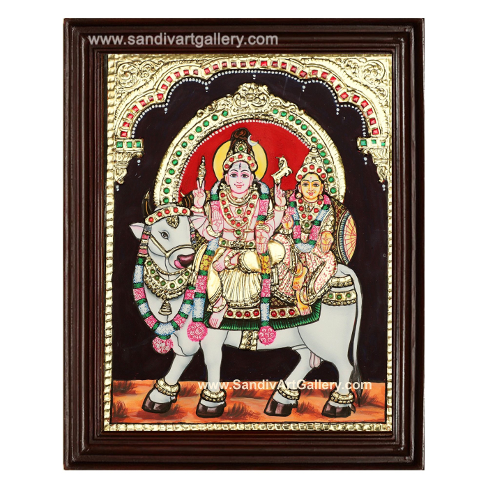 Shiva Parvati sitting on cow Tanjore Painting 1