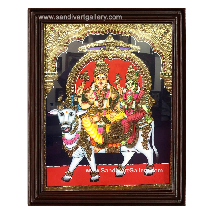 Shiva Parvati sitting on cow Tanjore Painting 2