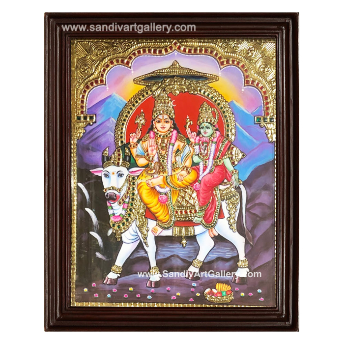Shivan Parvati Sitting on Nandi Tanjore Painting 3