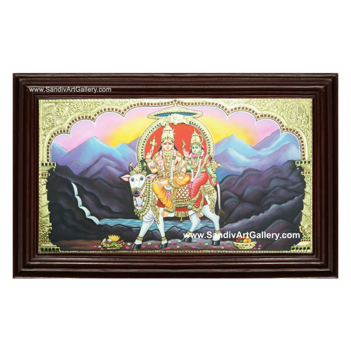 Shivan Parvati Sitting on Rishabam Tanjore Painting