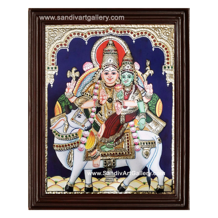 Shivan Parvati Sitting on Nandi Semi Embossed Tanjore Painting