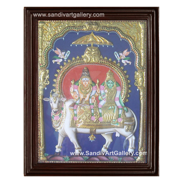Shiva Parvati sitting on cow 2D Embossed Tanjore Painting