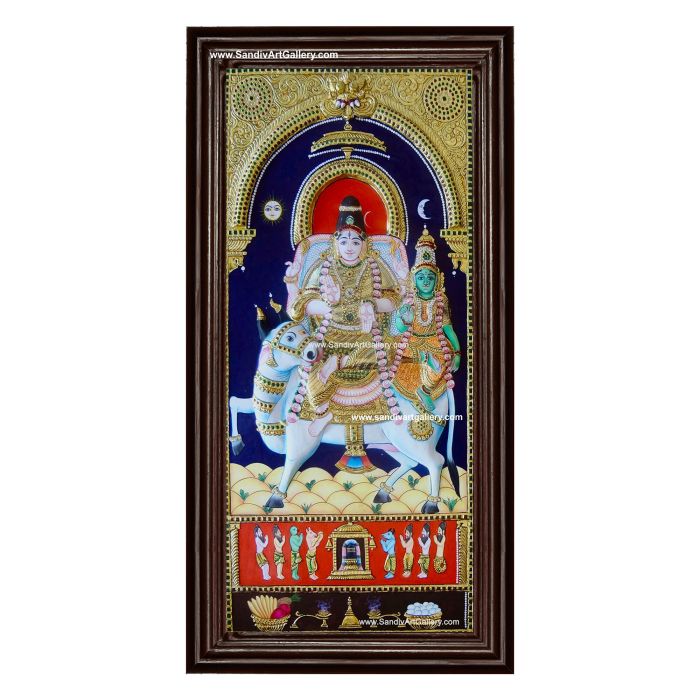 Shivan Parvati Sitting on Nandi 3D Super Embossed Tanjore Painting