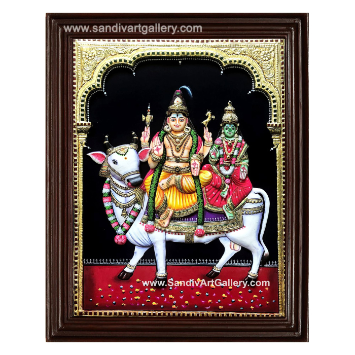 Shiva Parvati sitting on cow 3D Embossed Tanjore Painting