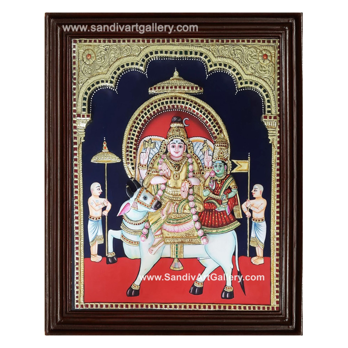 Shivan Parvati Sitting on Nandi 3D Super Embossed Tanjore Painting 1