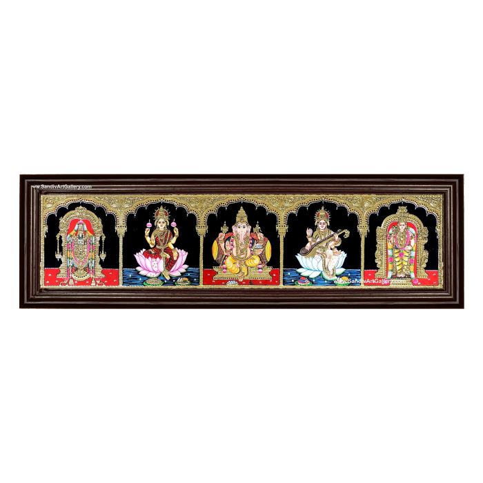 Ganesha Lakshmi Saraswathi Balaji and Raja Alankara Murugan - 5 God Panel Tanjore Painting