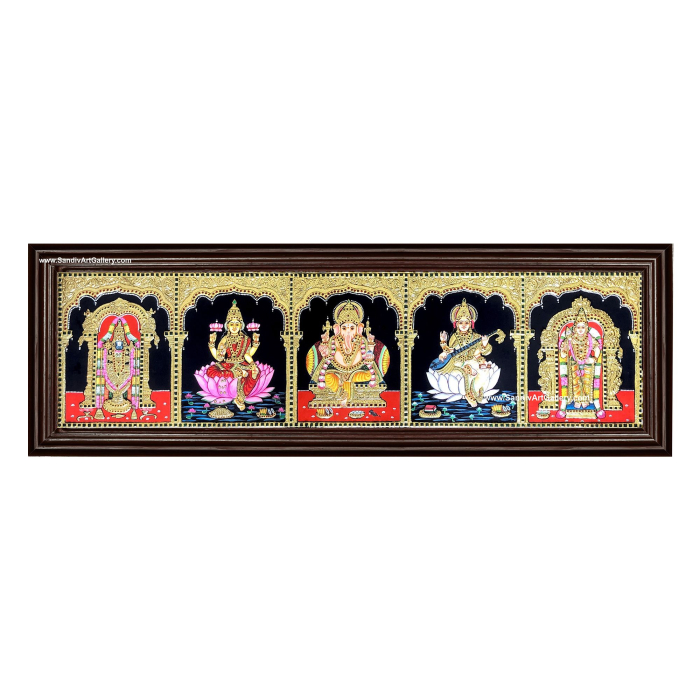 Balaji Lakshmi Saraswathi Ganesha and Murugan- 5 God Panel Tanjore Painting
