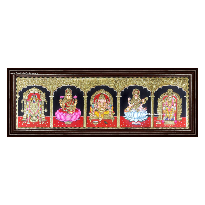 Ganesha Lakshmi Saraswathi Balaji and Murugan- 5 God Panel Tanjore Painting