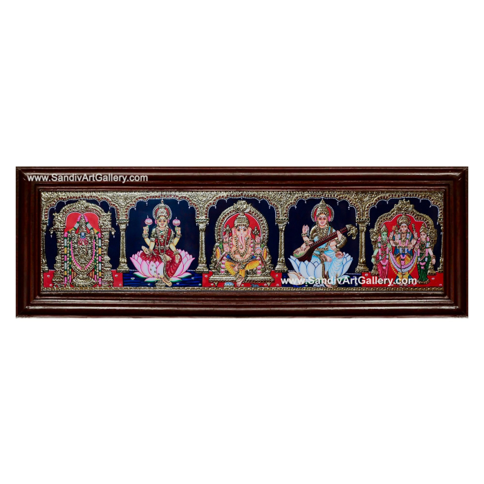 Ganesha Lakshmi Saraswathi Balaji and Valli Deivanai Murugan - 5 God Panel Tanjore Painting