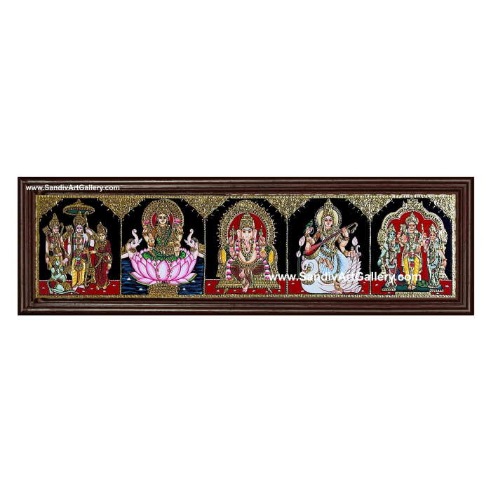 Ganesha Gaja Lakshmi Saraswathi Balaji and Valli Deivanai Murugan - 5 God Panel Tanjore Painting