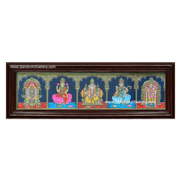 Vinayagar Venkateshwara Murugar Lakshmi and Saraswati on Lotus - 5 God Panel Tanjore Painting