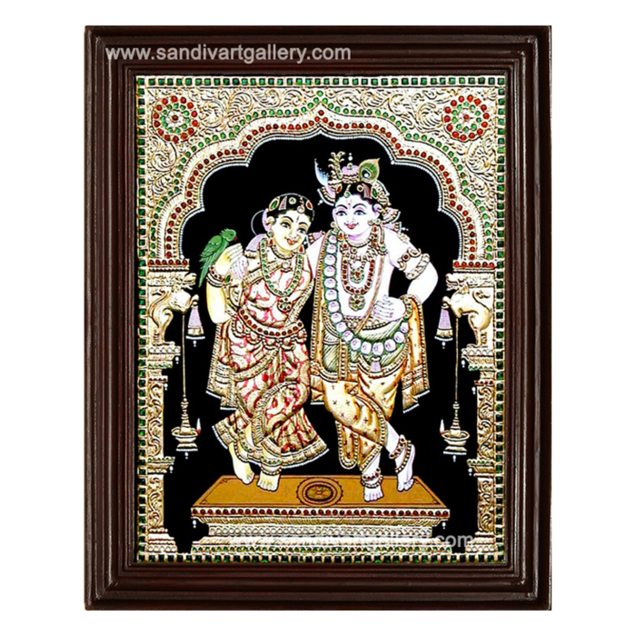 Standing Radha Krishna with Flute Tanjore Painting1