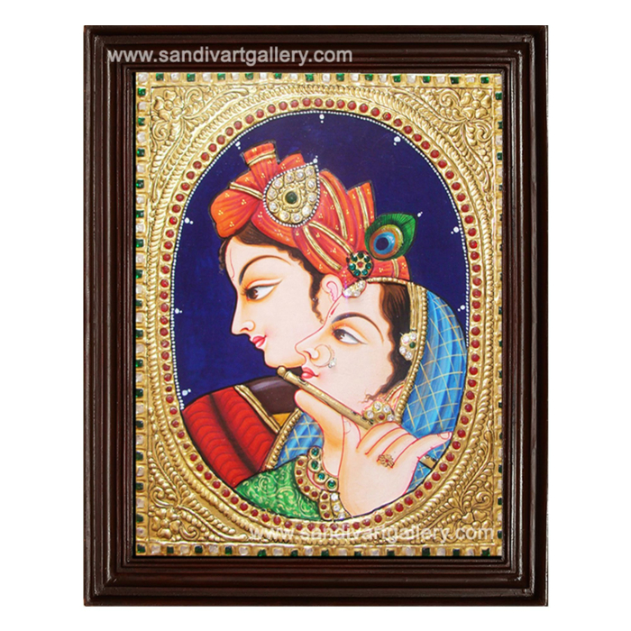 Radha Krishna with Flute Tanjore Painting1