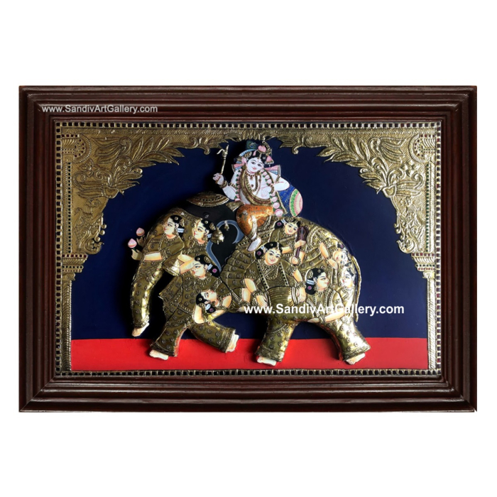 Krishna Riding Gopi Elephant 3D Embossed Tanjore Painting