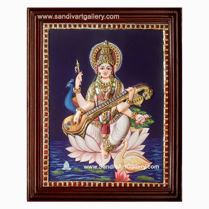 Saraswathi on Lotus 2D Embossed Tanjore Painting