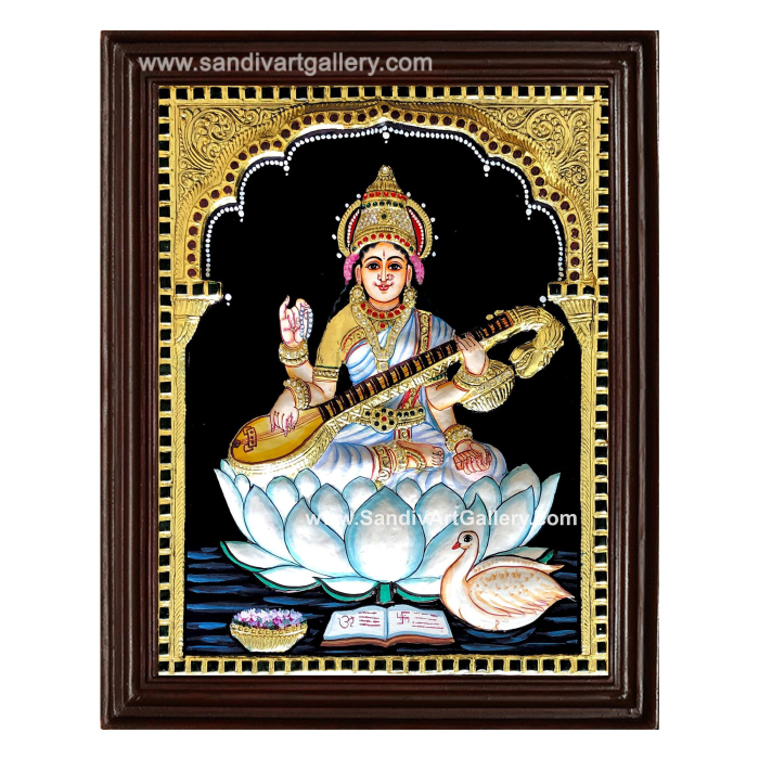 Saraswathi on Lotus Semi Embossed Tanjore Painting