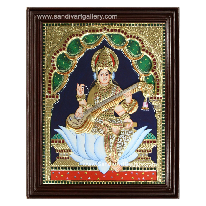 Saraswathi on Lotus Semi Embossed Tanjore Painting 1