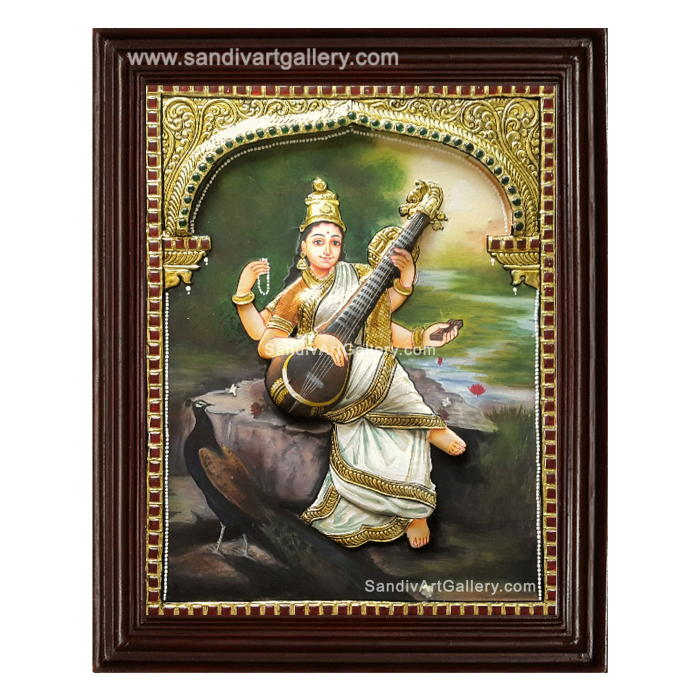 Ravivarma Style Saraswathi 2D Embossed Tanjore Painting