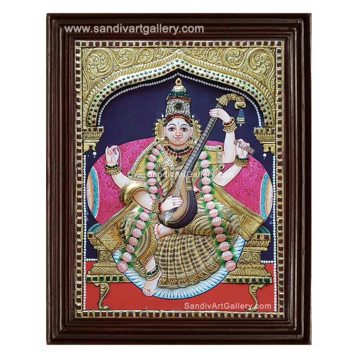 Saraswati Devi Semi Embossed Tanjore Painting