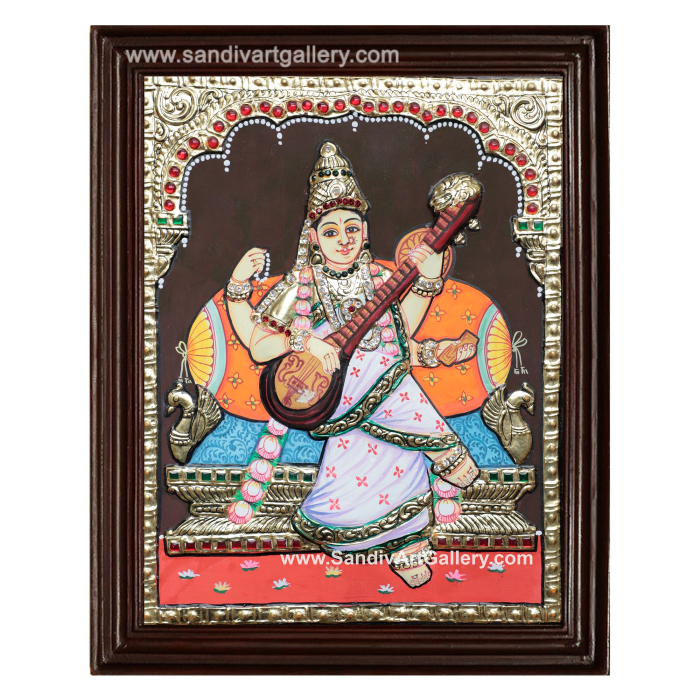 Ravivarma Saraswathi Semi Embossed Tanjore Painting
