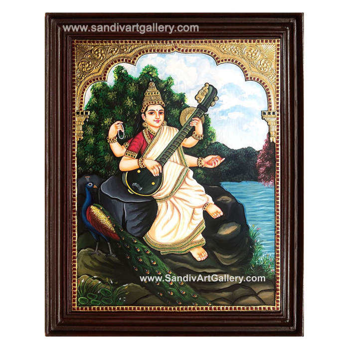 Goddess Saraswathi Ravi Varma Style Tanjore Painting