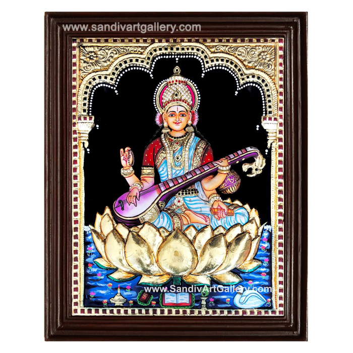 Saraswthi on Lotus 3D Embossed Tanjore Painting