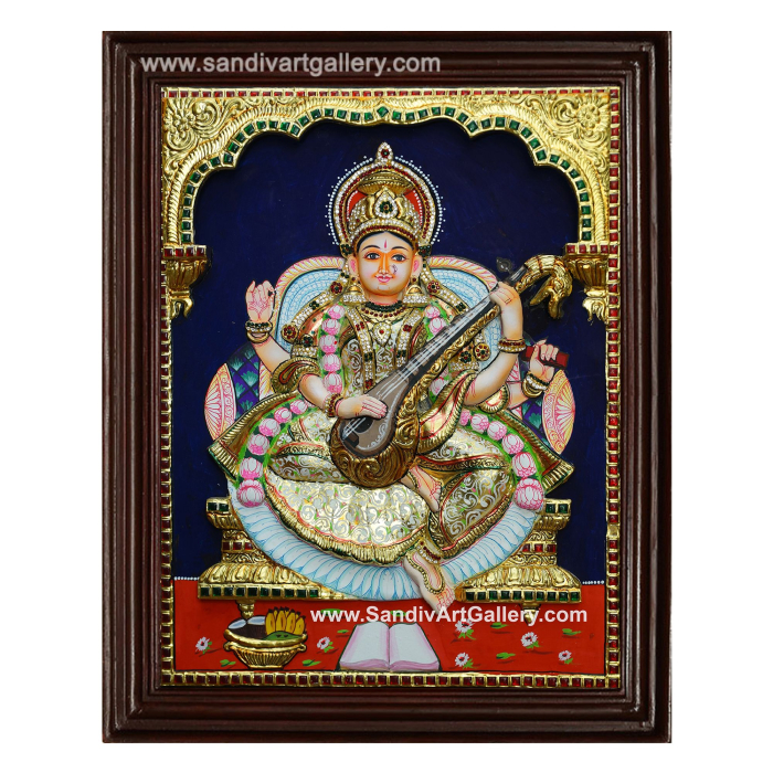 Goddess Saraswathi 3D Embossed Tanjore Painting