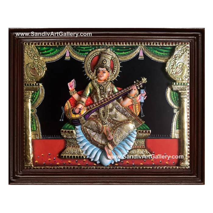 Saraswathi Devi 3D Embossed Tanjore Painting