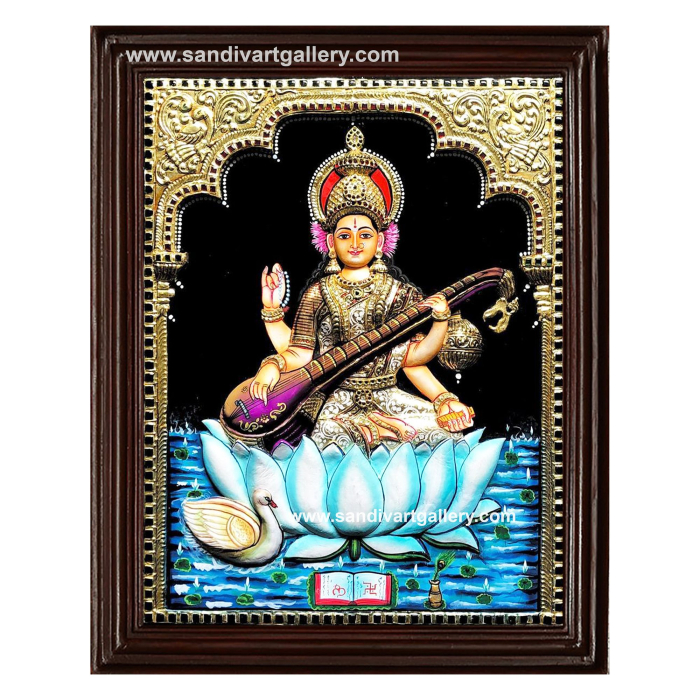 Thamarai Saraswathi 3D Embossed Tanjore Painting