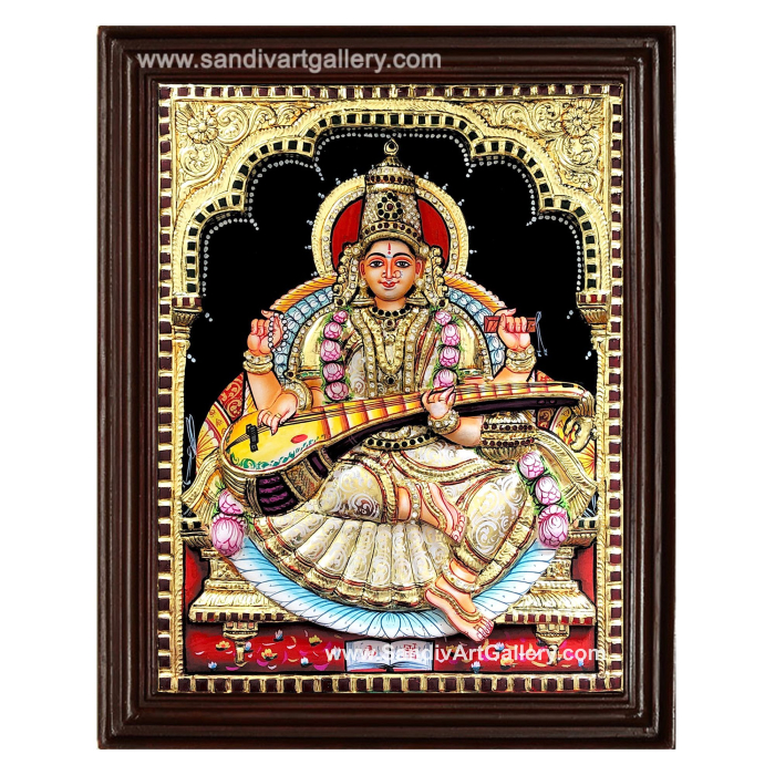 Saraswathi Devi 3D Embossed Tanjore Painting 1