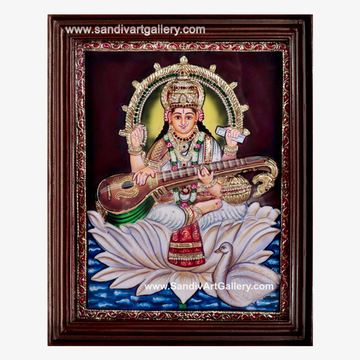 Saraswathi on Lotus 3D Embossed Tanjore Painting