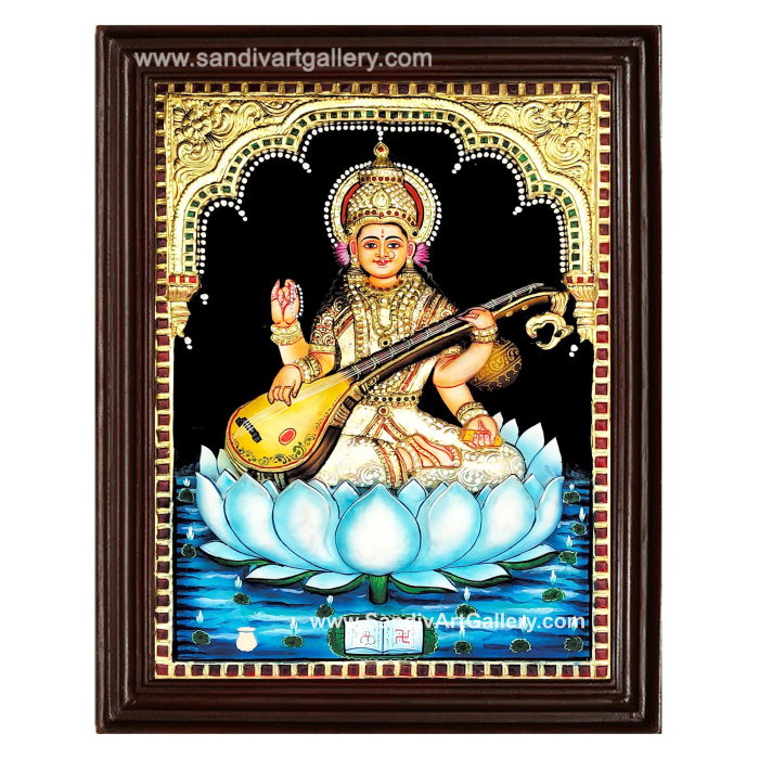 Saraswathi on Lotus 3D Embossed Tanjore Painting 1