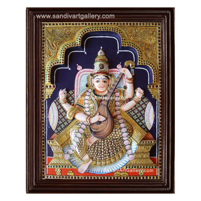 Goddess Saraswati 3D Embossed Tanjore Painting