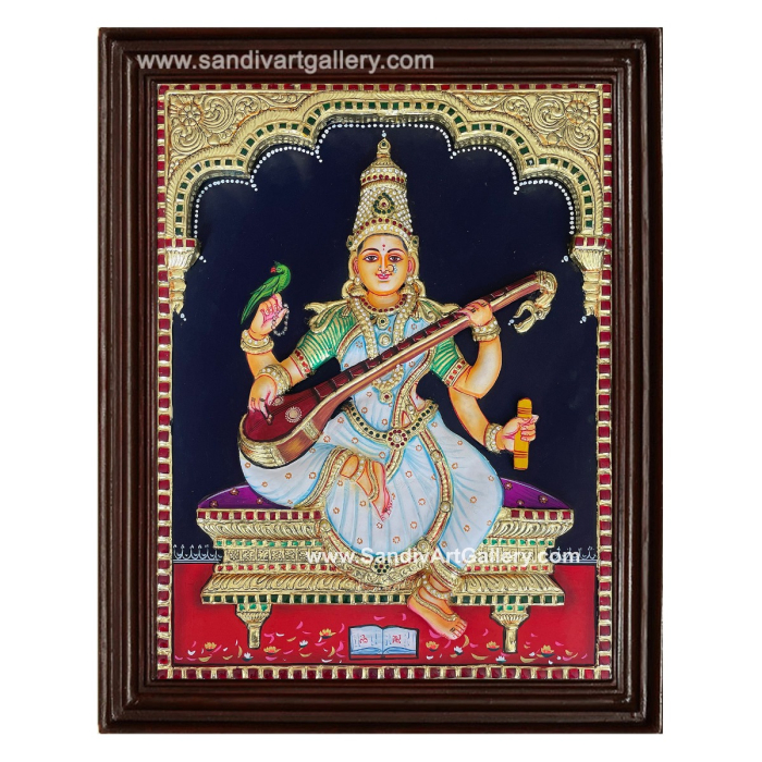 Goddess Saraswati 3D Embossed Tanjore Painting