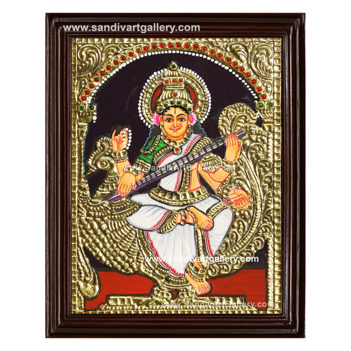Goddess Saraswathi on Swan Tanjore Painting