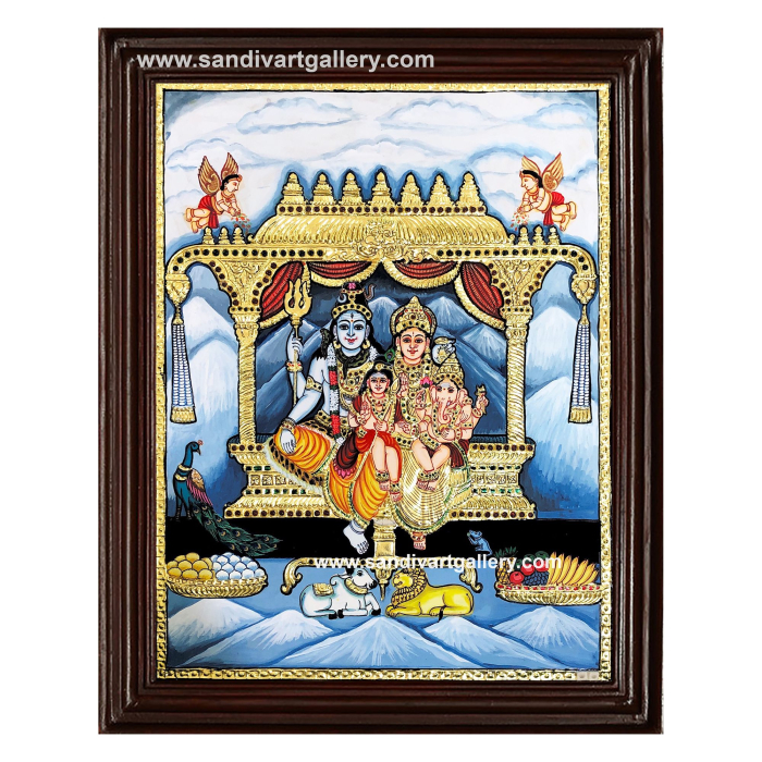 Shiva Parvati Devi Ganesha Karthikeya Tanjore Painting