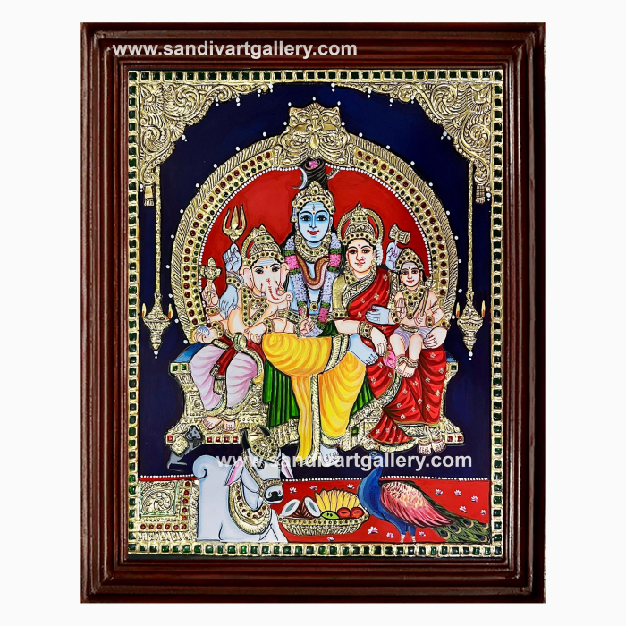 Shivan Parvathi Devi Ganesha Karthikeya Tanjore Painting