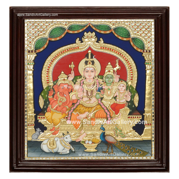 Shivan Parvathi Ganesha Karthikeya Tanjore Painting