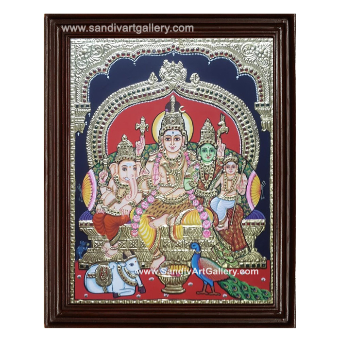 Shiva Parvati Devi Ganesha Karthikeya Tanjore Painting 1