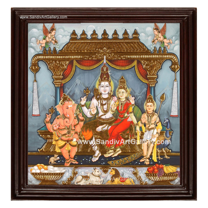 Lord Shiva Parvathi Ganesh Murugan Tanjore Painting 1