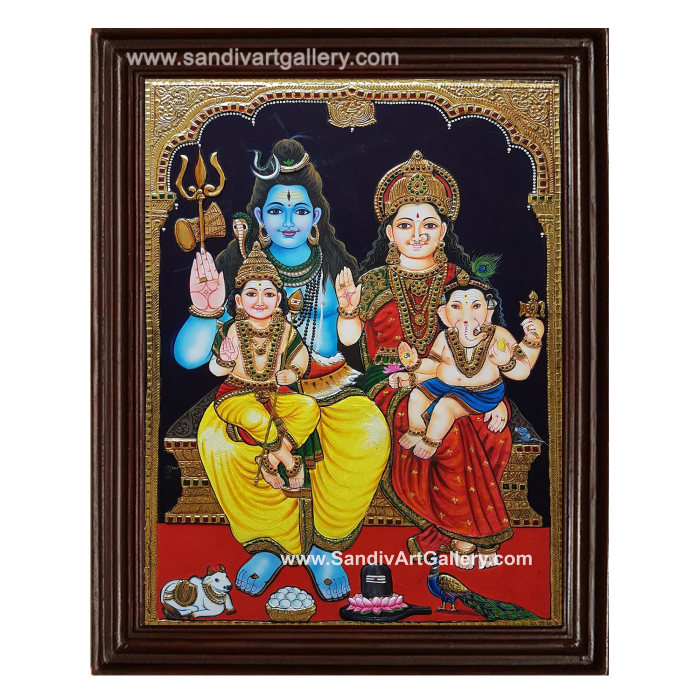 Lord Shiva Parvathi Ganesha and Karthikeya Tanjore Painting