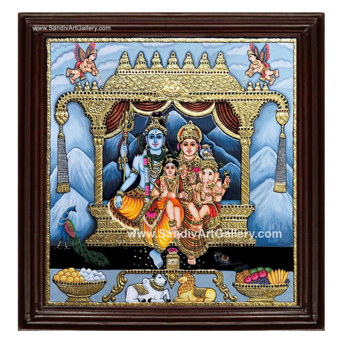 Shivan Parvathi Ganesha Karthikeya Tanjore Painting 1