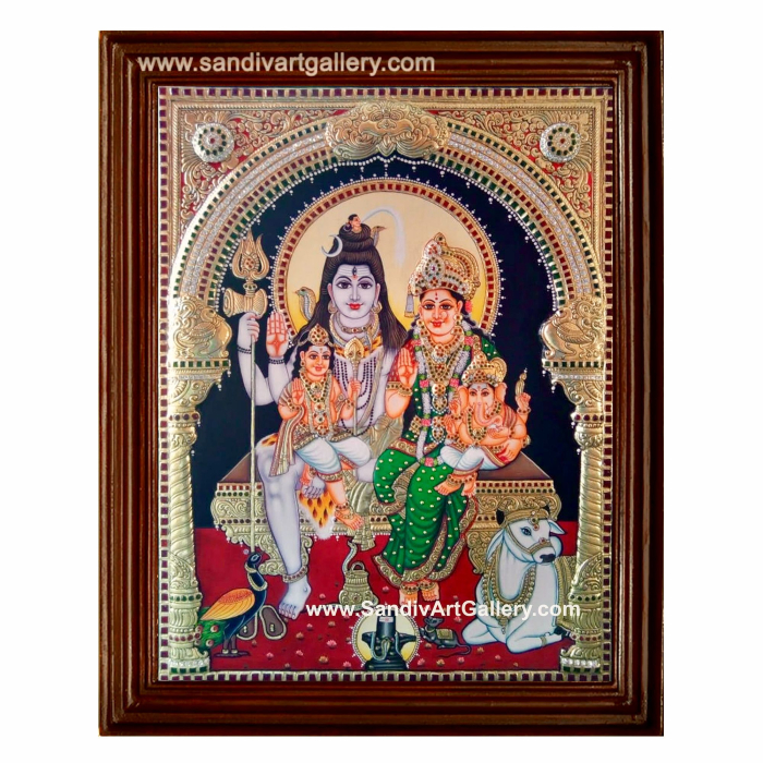Shivan Parvati Devi Ganesha Karthikeya 2D Embossed Tanjore Painting