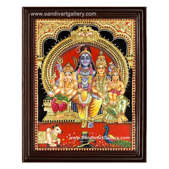 Shiva Family Parvati Ganesha and Murugan 3D Embossed Tanjore Painting