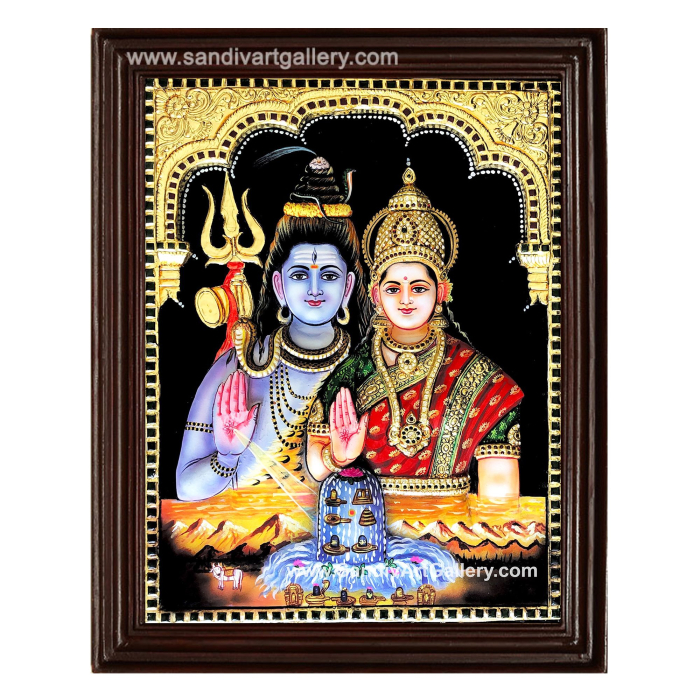 Shiva and Parvathi Devi 3D Embossed Tanjore Painting