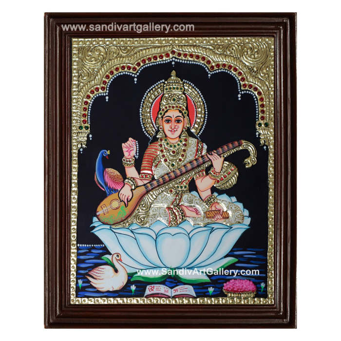 Saraswathi on Lotus Tanjore Painting