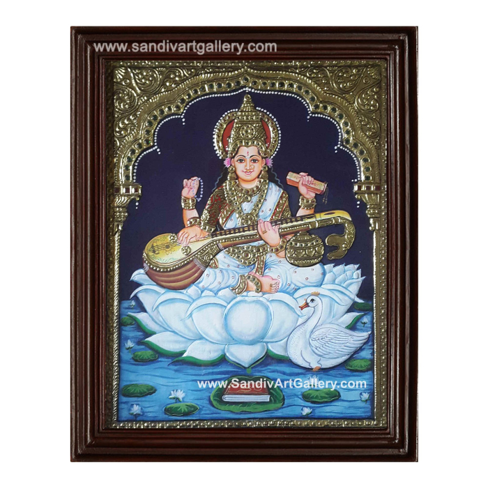 Saraswati on Lotus Tanjore Painting