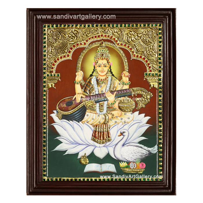 Saraswathi Maa on Lotus Tanjore Painting