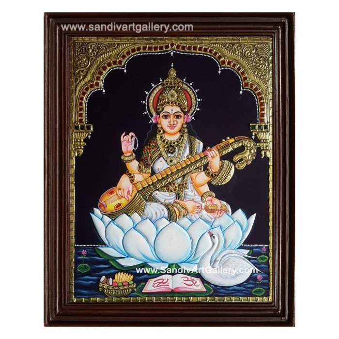 Saraswathi Devi on Lotus Tanjore Painting