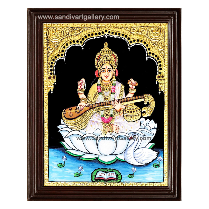 Saraswathi on Lotus Tanjore Painting 1